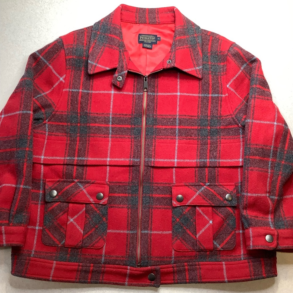 ❗️SOLD❗️Pendleton Crop Zip Wool Plaid Jacket XL Red Multi Plaid Lambs/Wool - Picture 1 of 8